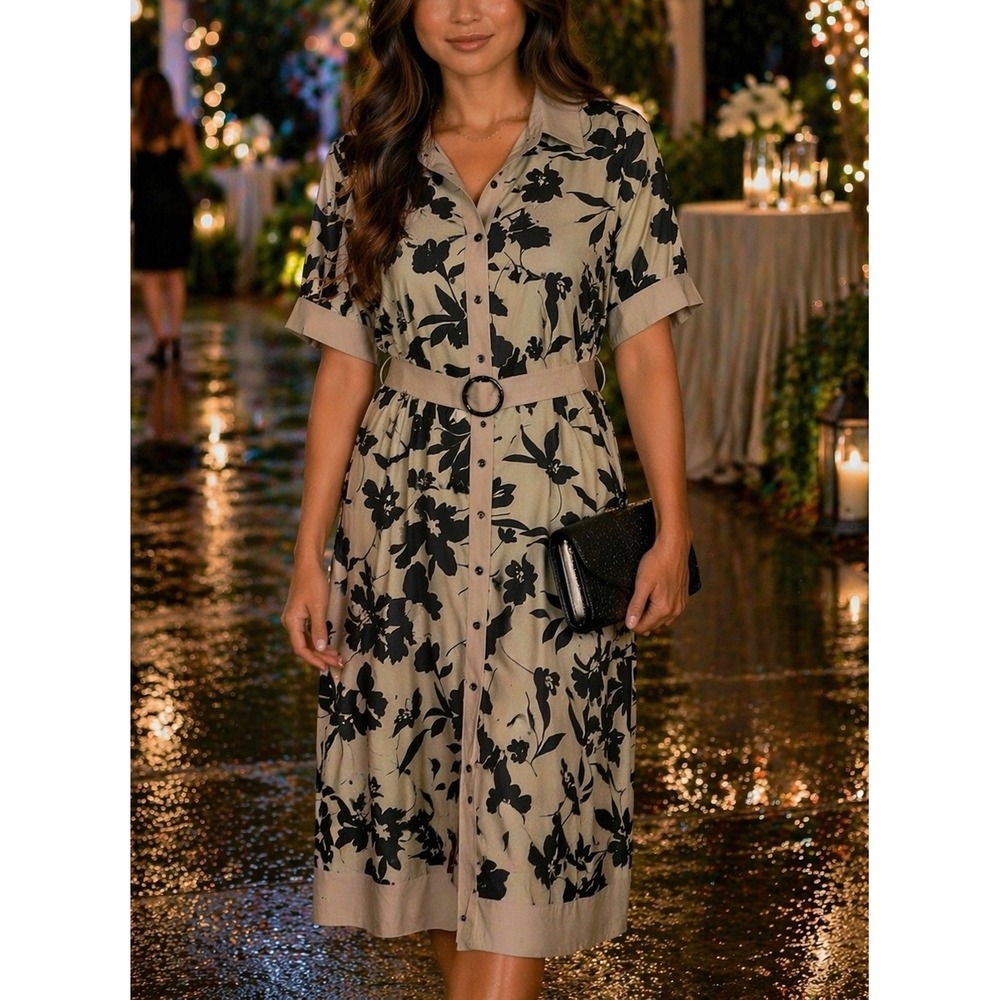 Retro Stage Womens Shirt Dress Tan Black Large Floral Belted Midi Classic
